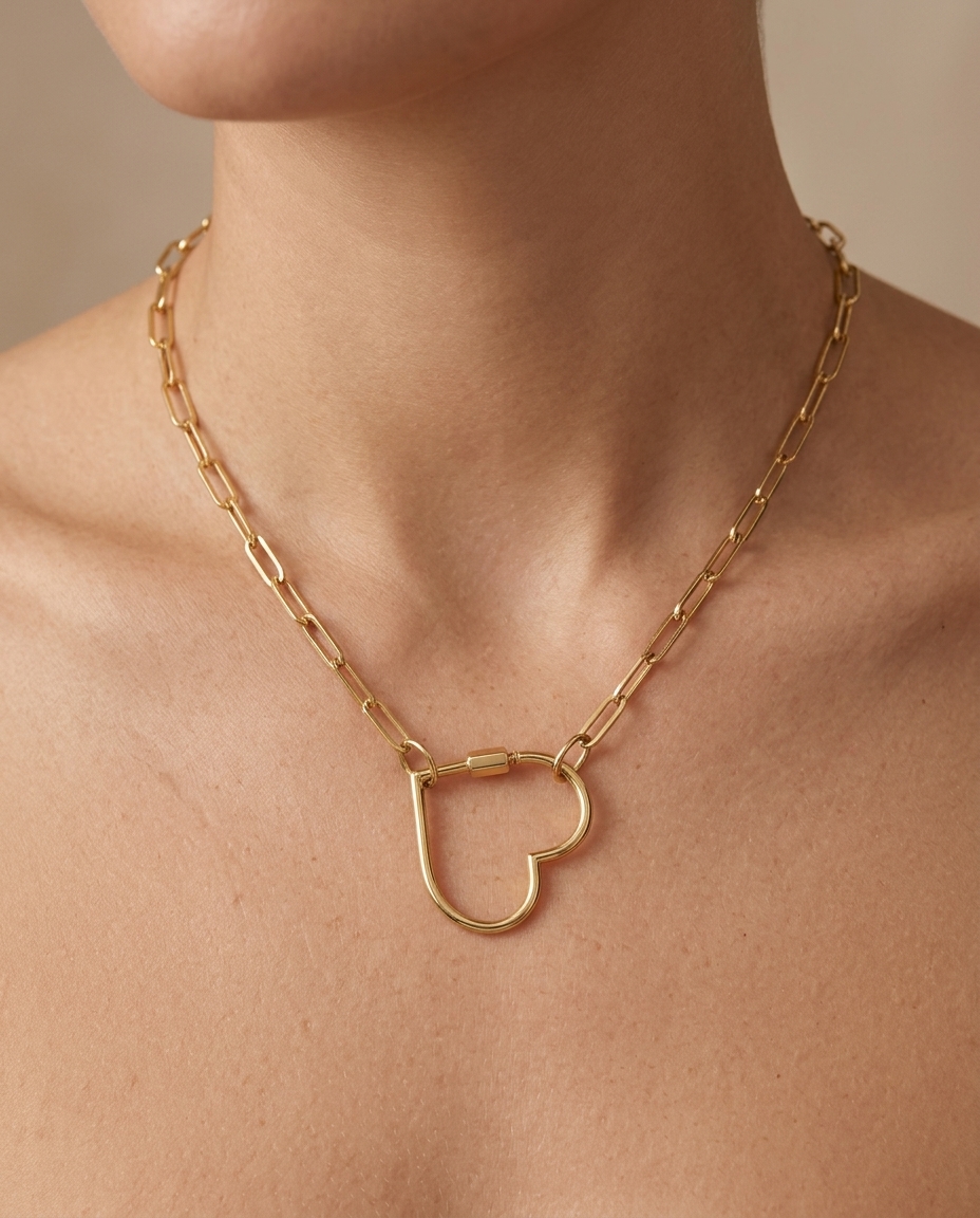 14KT Gold Heart Lock Necklace on model