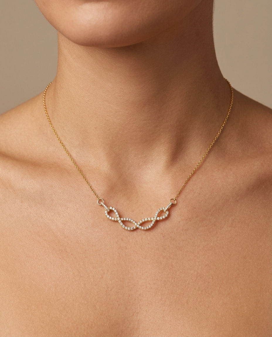 14KT Diamond Interlock Infinity Necklace on model
