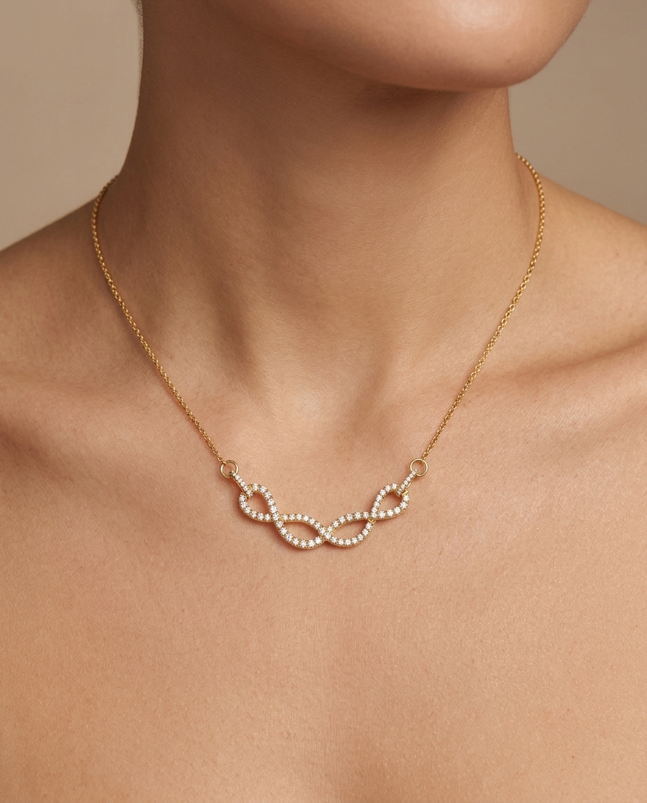 14KT Diamond Interlock Infinity Necklace on model
