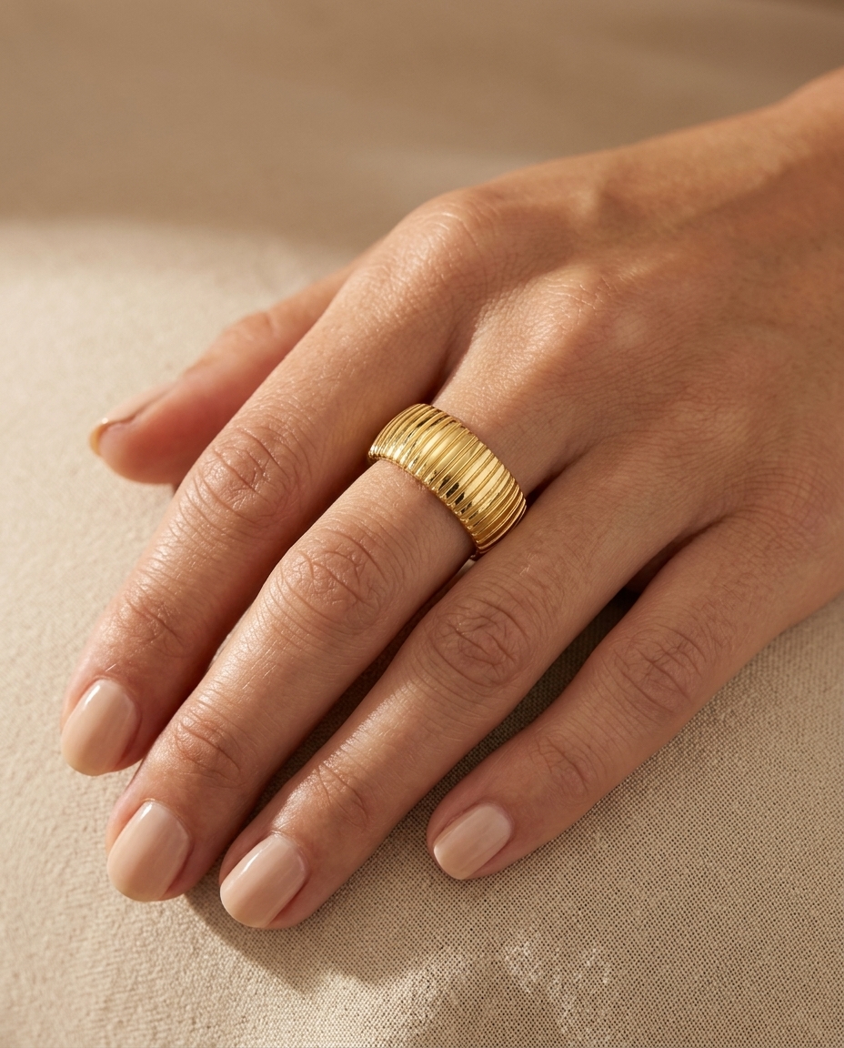 14KT Yellow Plain Gold Ridged Donut Ring on model