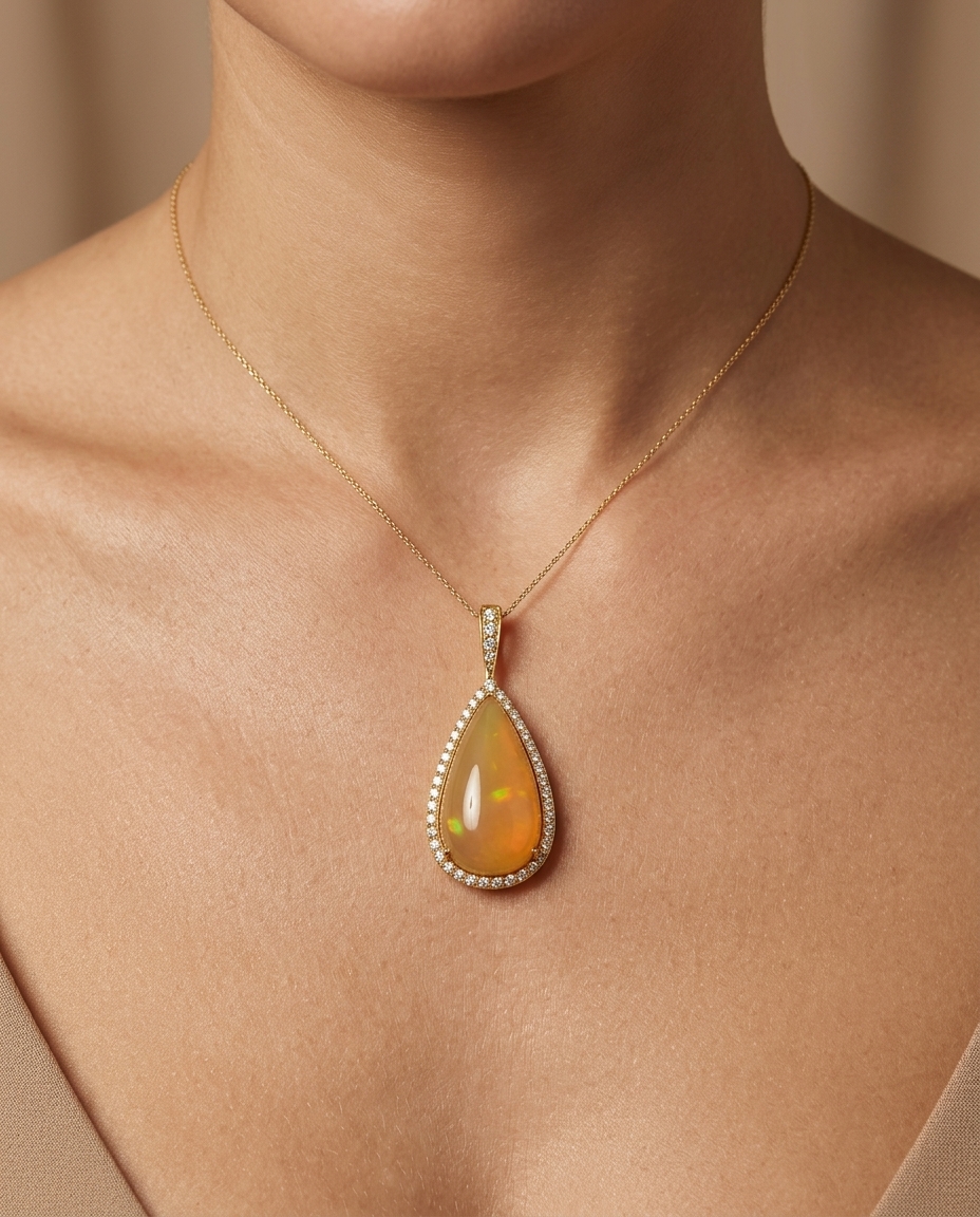 14KT Yellow Gold Opal Pendant with Diamonds view 2