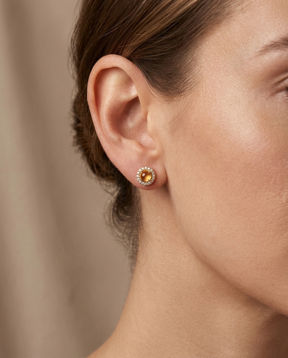 14KT Gold Diamond Ethiopian Opal Circle Shape Earring on model