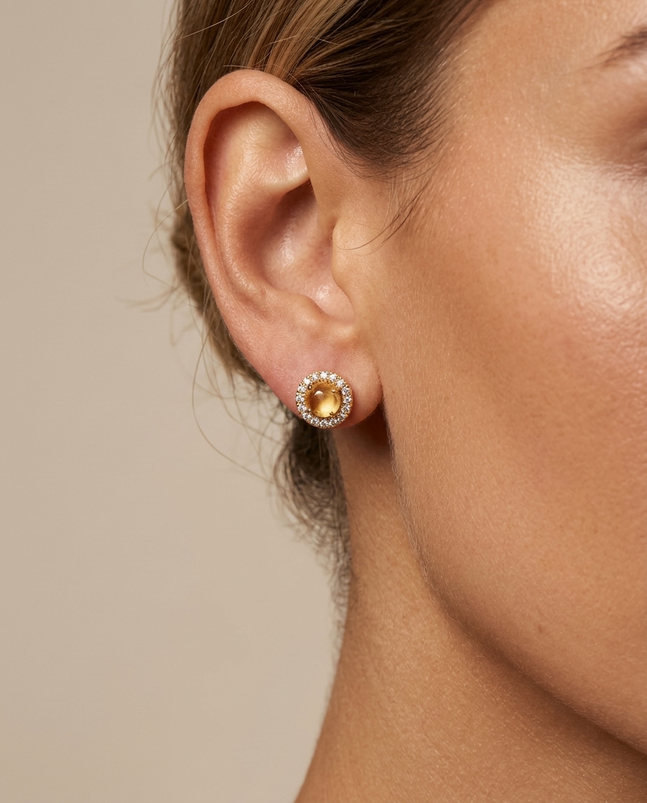 14KT Gold Diamond Ethiopian Opal Circle Shape Earring on model