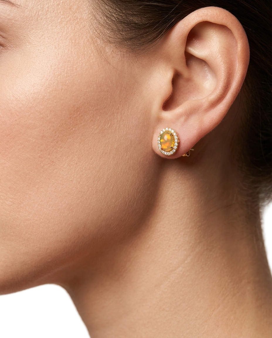 14KT Gold Diamond Ethiopian Opal Oval Shape Earring view 2