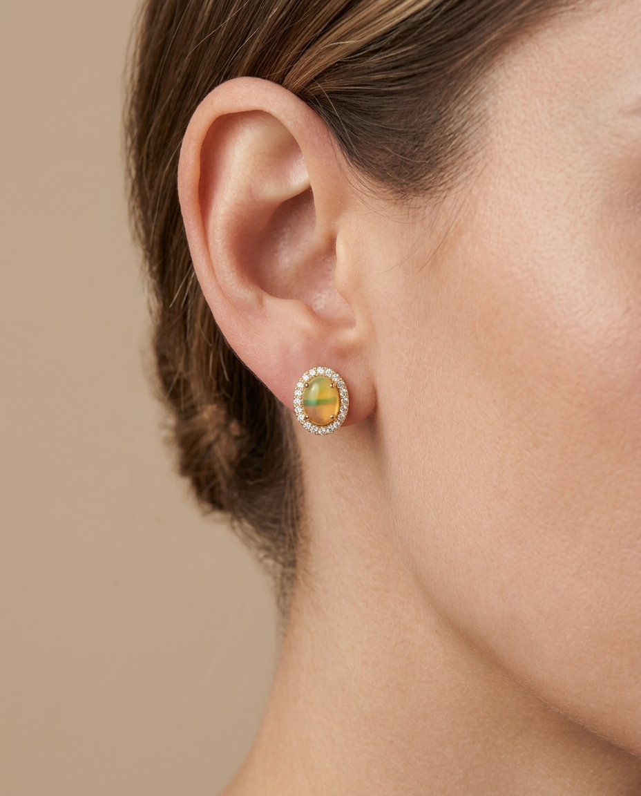 14KT Gold Diamond Ethiopian Opal Oval Shape Earring on model