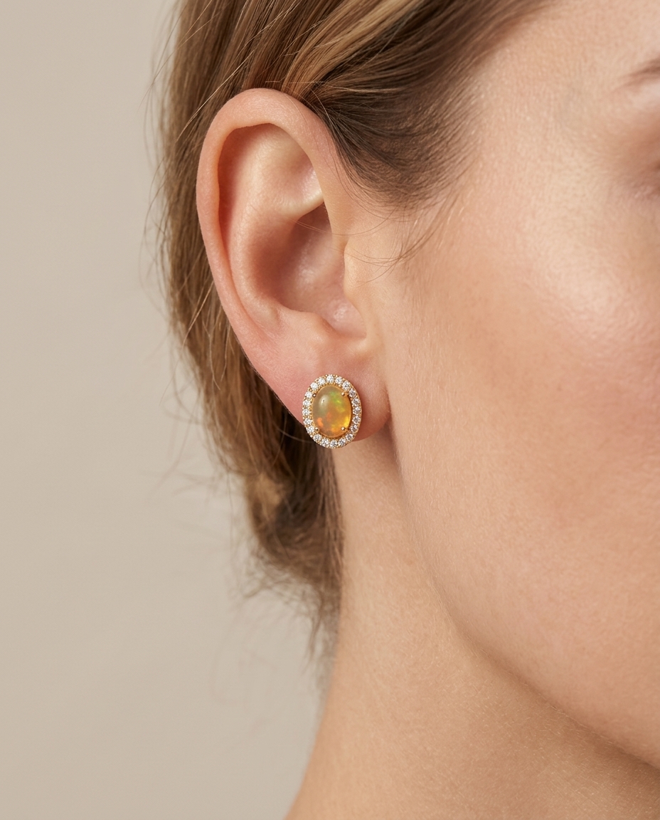 14KT Gold Diamond Ethiopian Opal Oval Shape Earring on model
