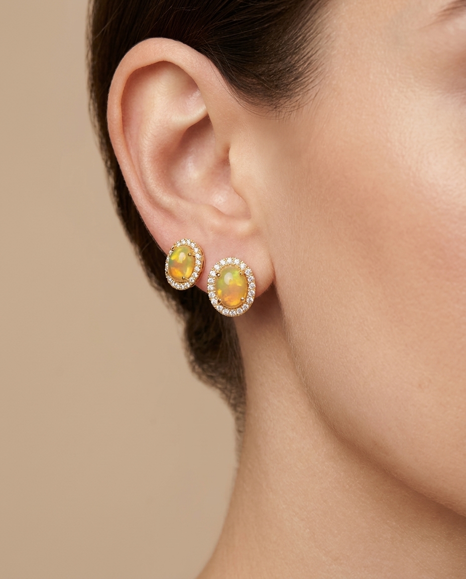 14KT Gold Diamond Ethiopian Opal Oval Shape Earring on model