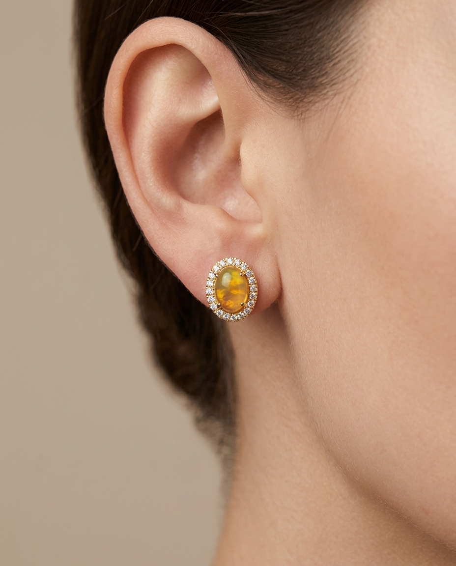 14KT Gold Diamond Ethiopian Opal Oval Shape Earring view 2