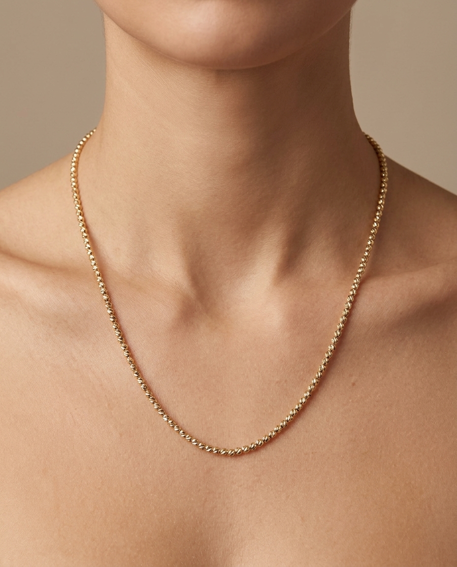 14KT Yellow Gold Diamond Cut Beads Necklace on model