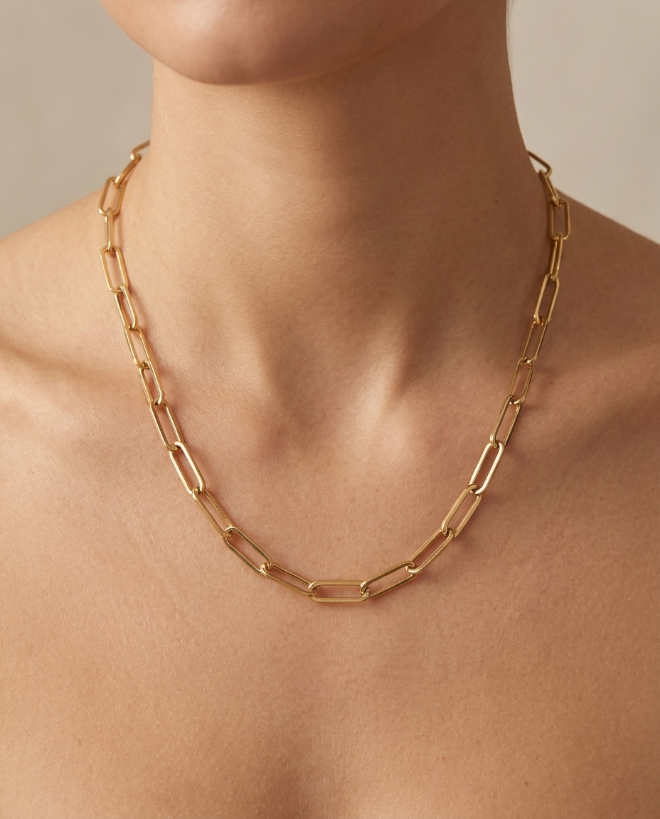 14KT Gold Paperclip Necklace on model