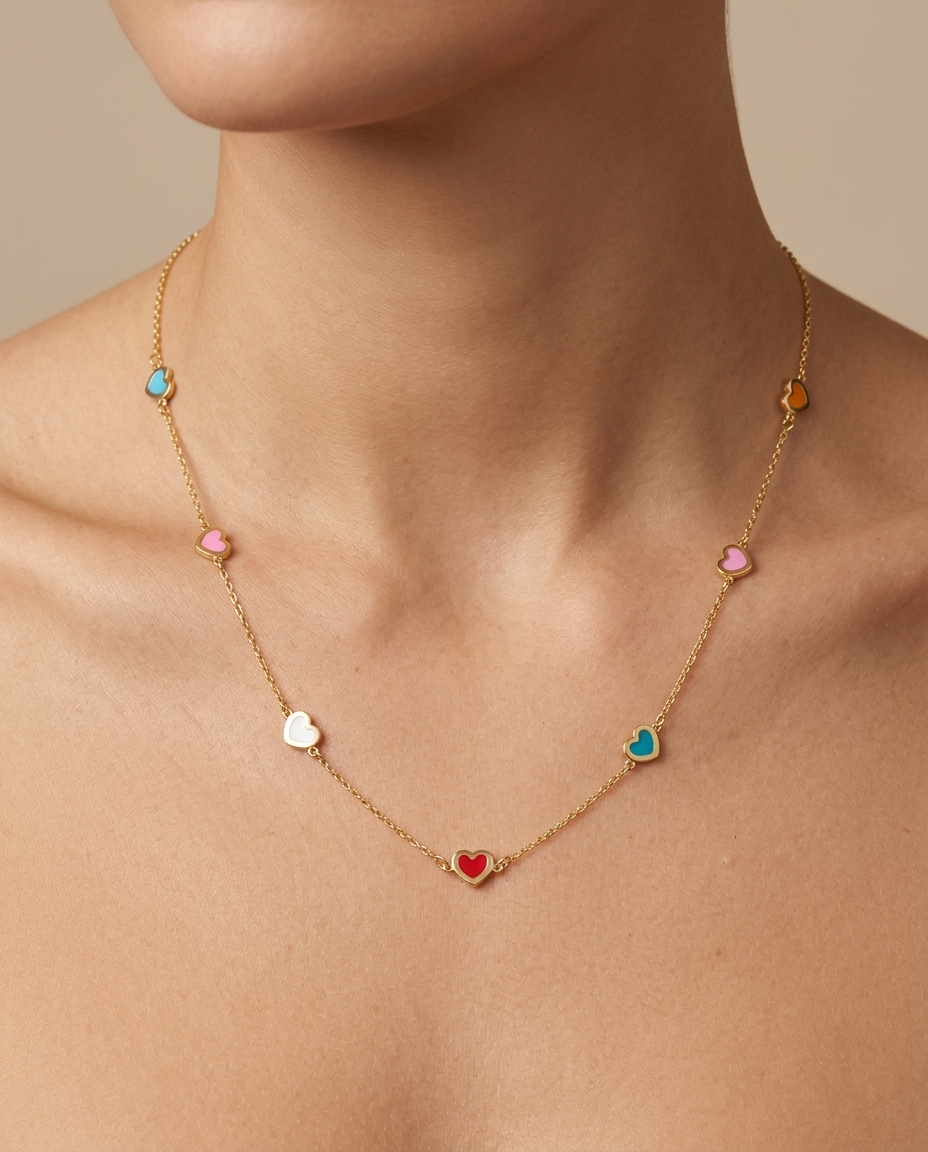 14KT Gold Multi Color Enamel Heart Necklace on model