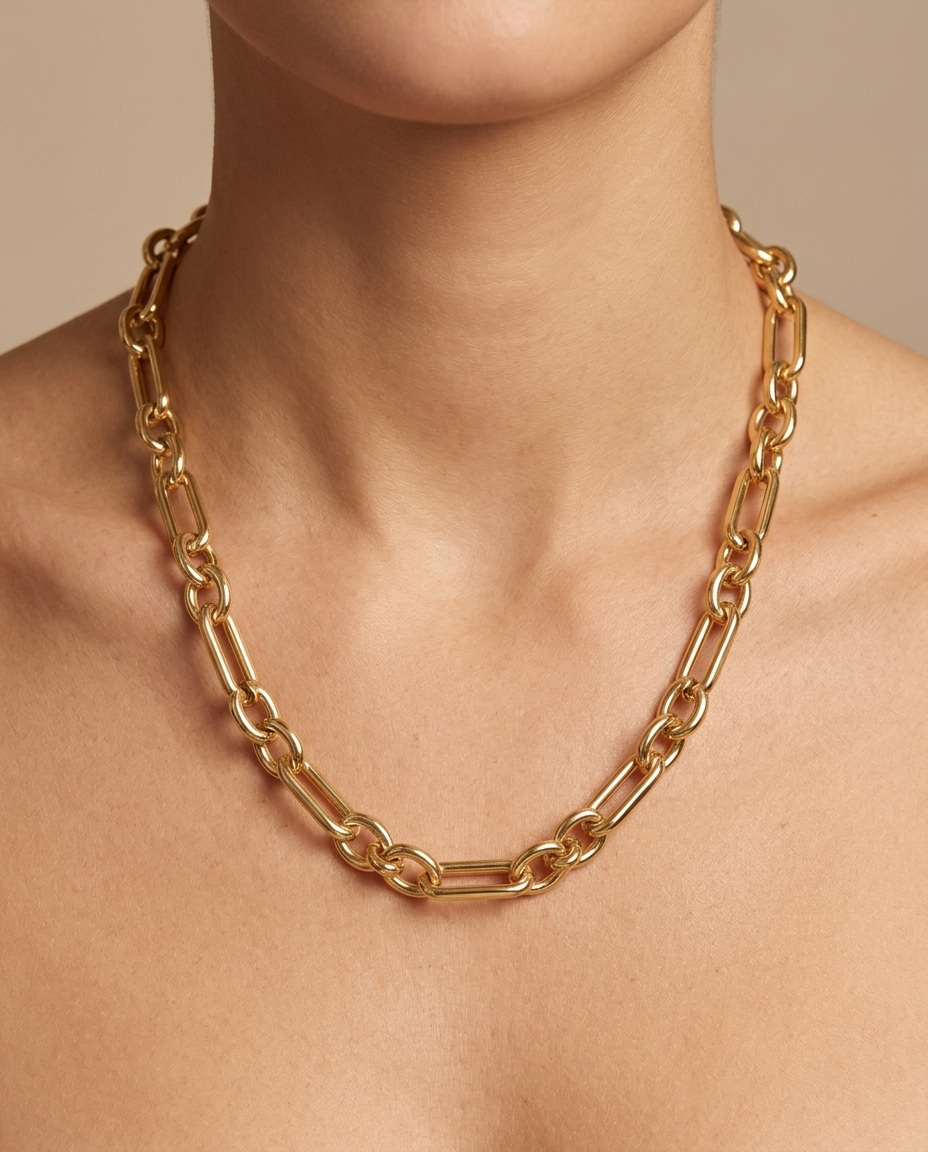 14KT Gold Oval Paperclip Necklace on model