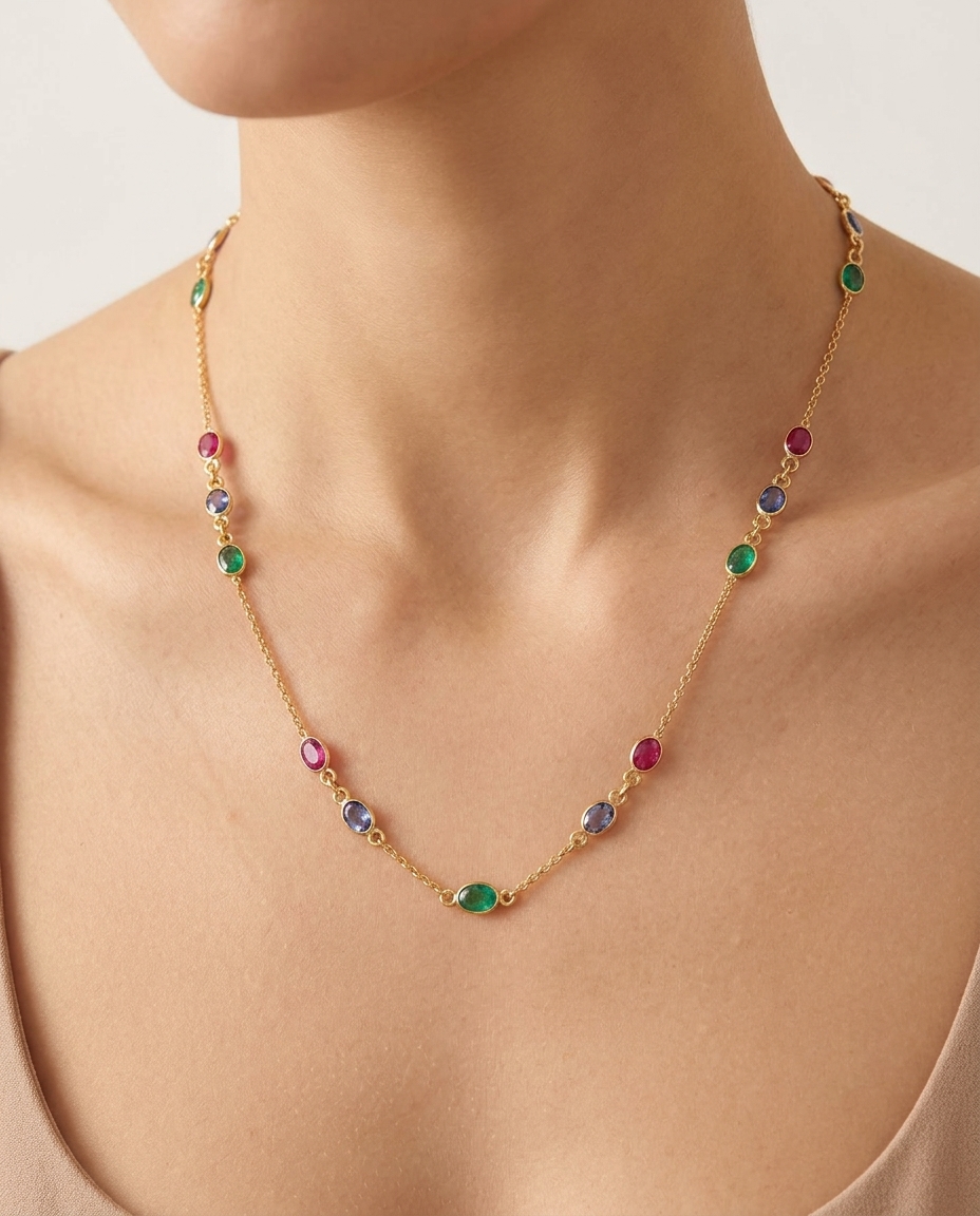 18KT Yellow Gold Bezeled Multi-Color Oval Necklace on model