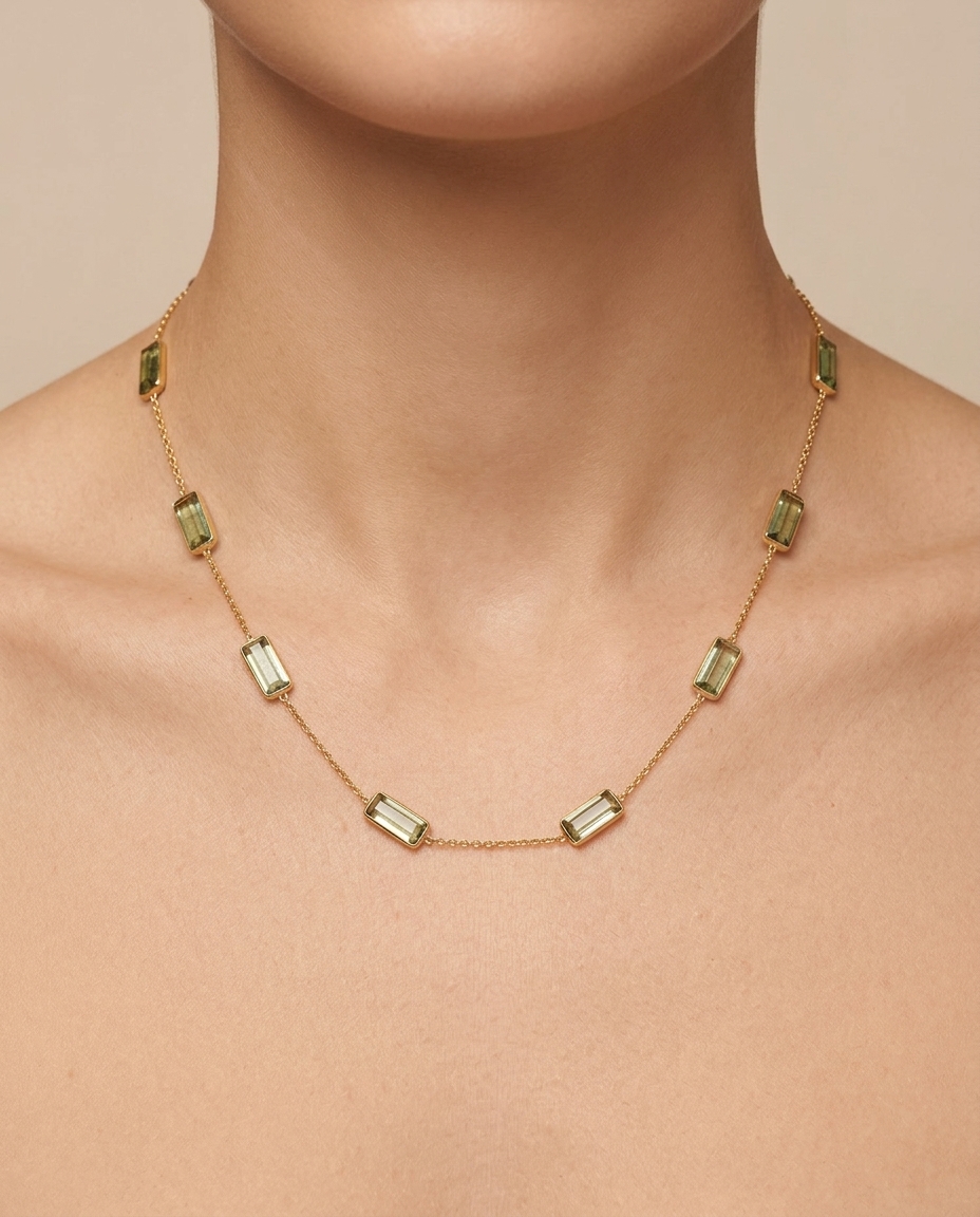 18KT Gold Bezeled Green Tourmaline Necklace 14.5CT on model