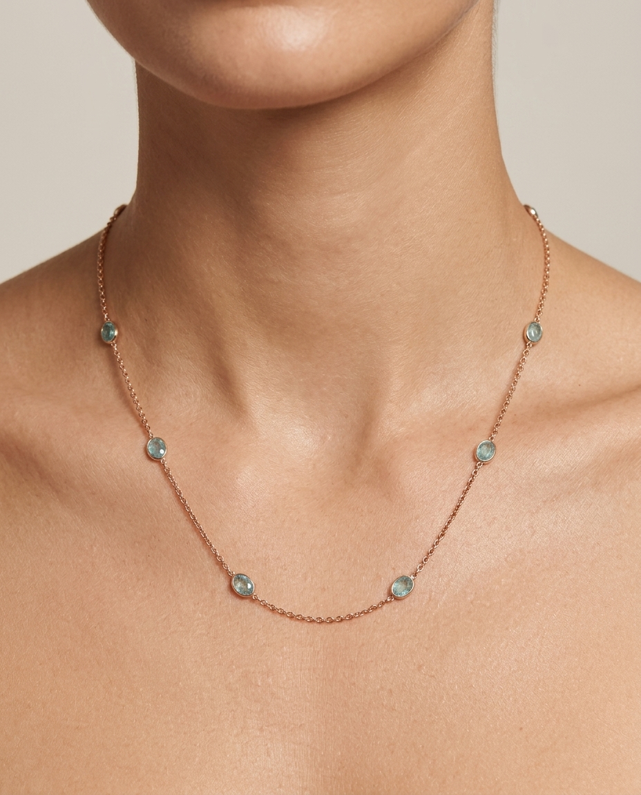 18KT Yellow Gold Bezeled Emerald Necklace 18INCH on model