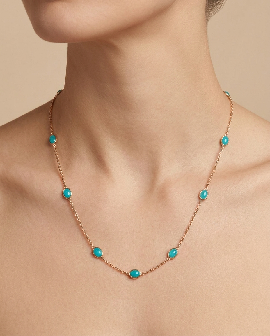 18KT Yellow Gold Bezeled Emerald Necklace 24INCH on model
