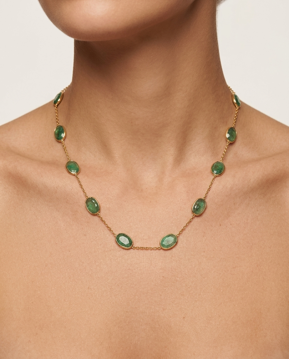 18KT Yellow Gold Bezeled Emerald Necklace 18INCH view 2