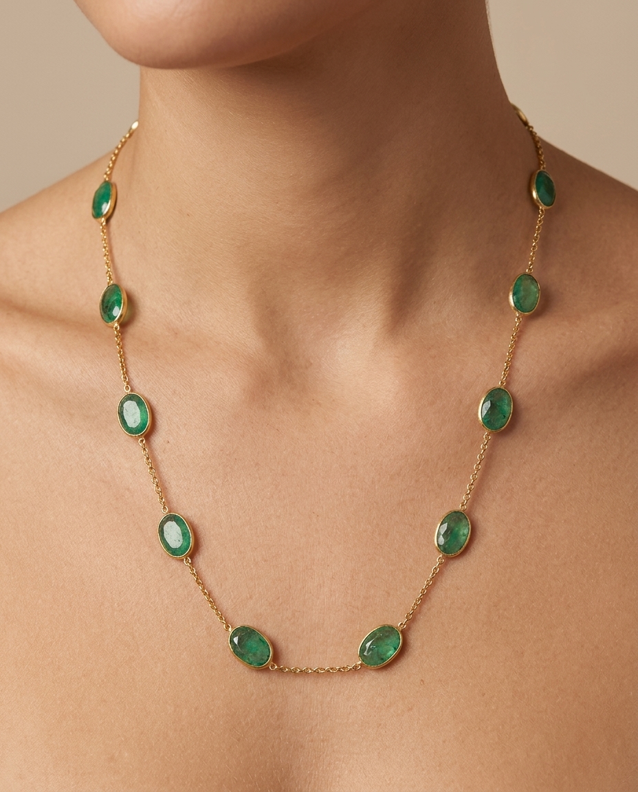 18KT Yellow Gold Bezeled Emerald Necklace 18INCH on model