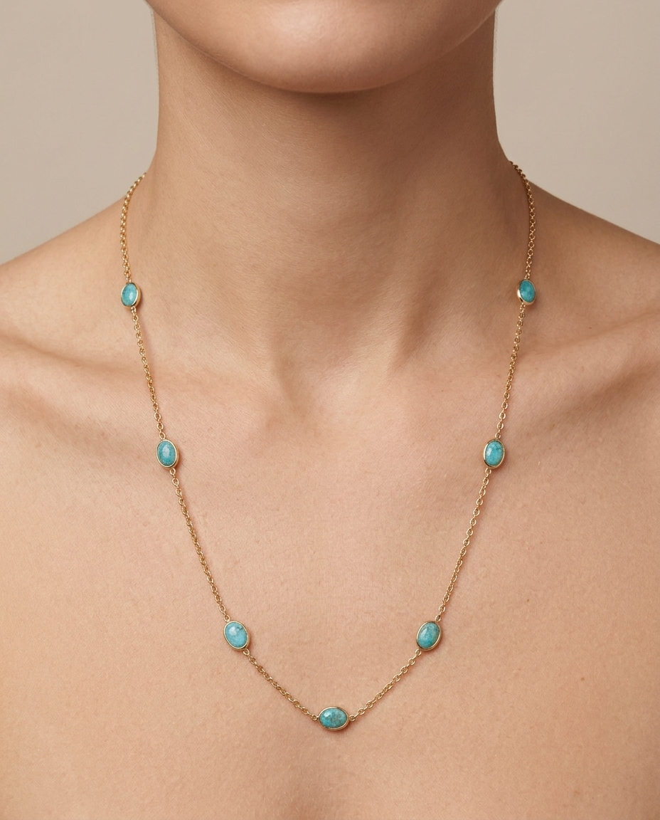 18KT Yellow Gold Bezeled Emerald Necklace 18INCH on model