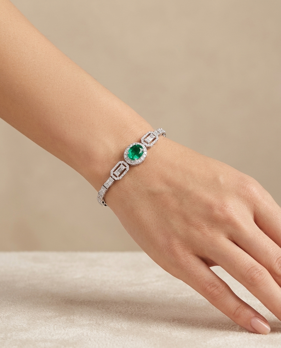 18KT Gold Emerald & Diamond Halo Tennis Bracelet view 2