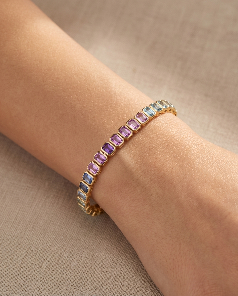 18KT Yellow Gold Multi Sapphire Bracelet on model