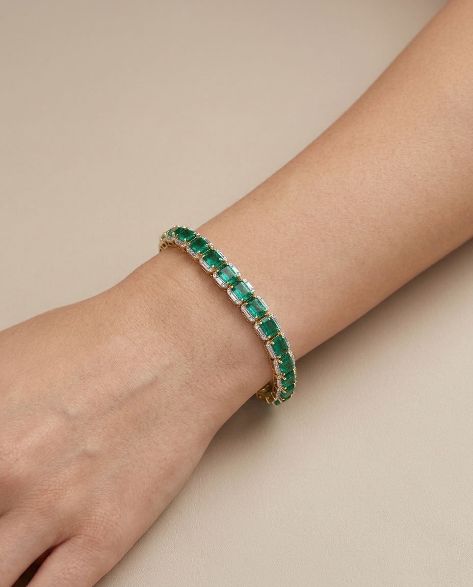 14KT Yellow Gold Emerald and Diamond Bracelet view 2