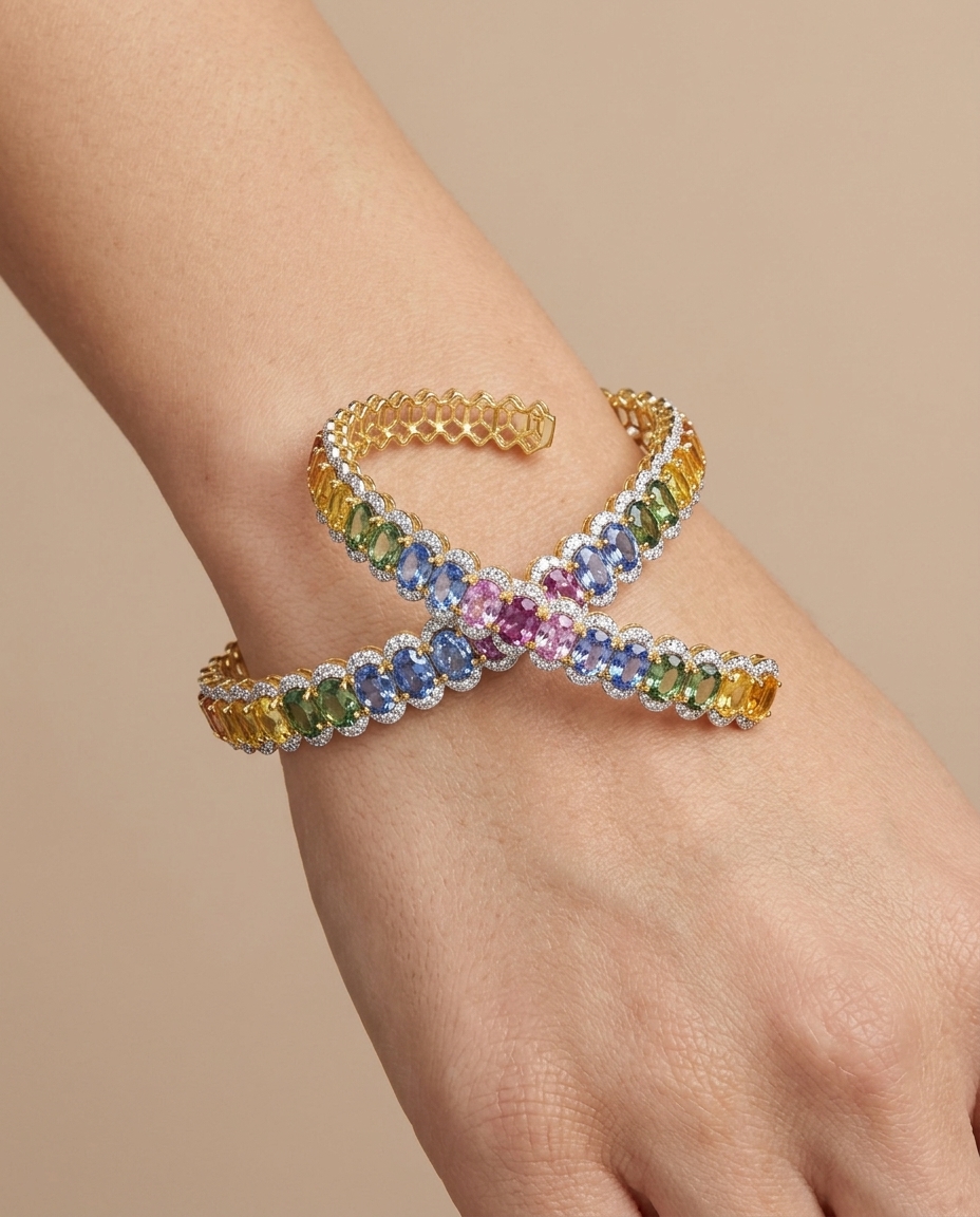 14KT Yellow Gold Diamond and Multi Sapphire Bracelet on model