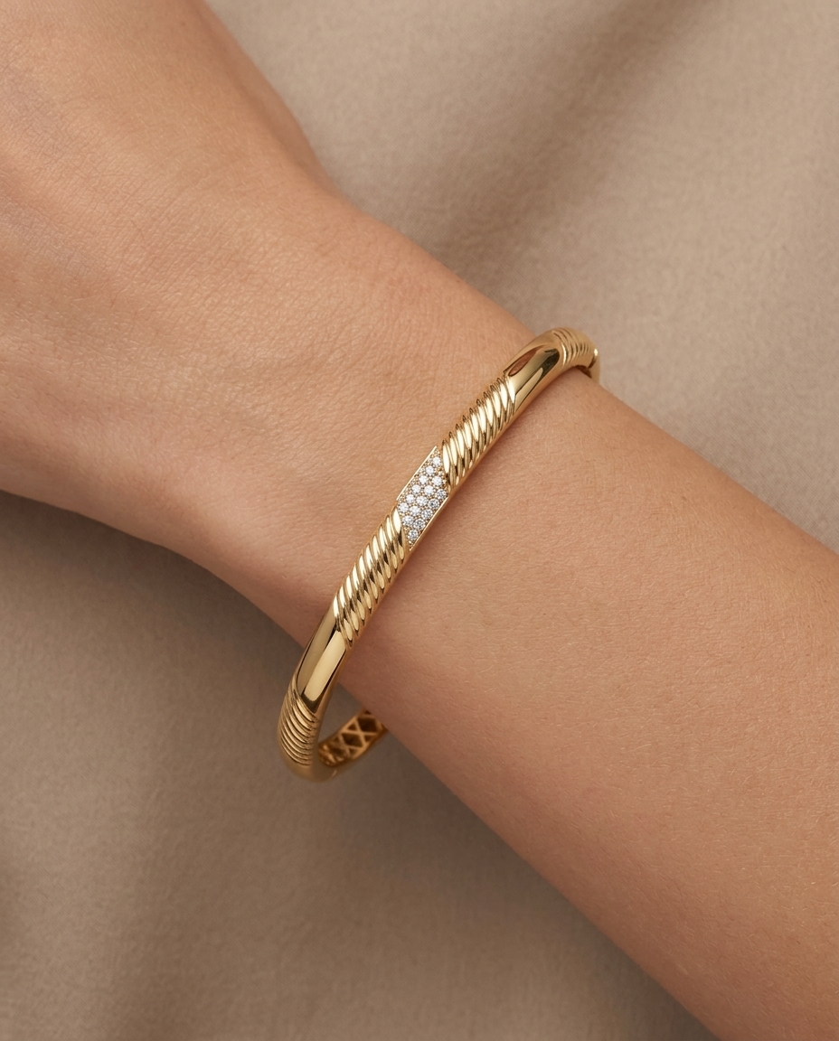 14KT Yellow Gold Diamond Bangle on model