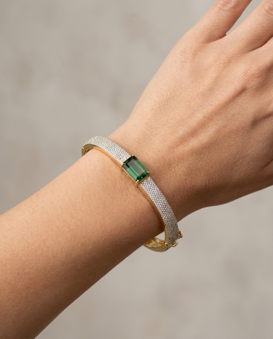 14KT Yellow Gold Green Tourmaline and Diamonds Bangle on model
