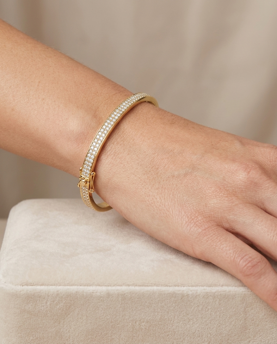 14KT Yellow Gold Square Bangle with Diamonds on model