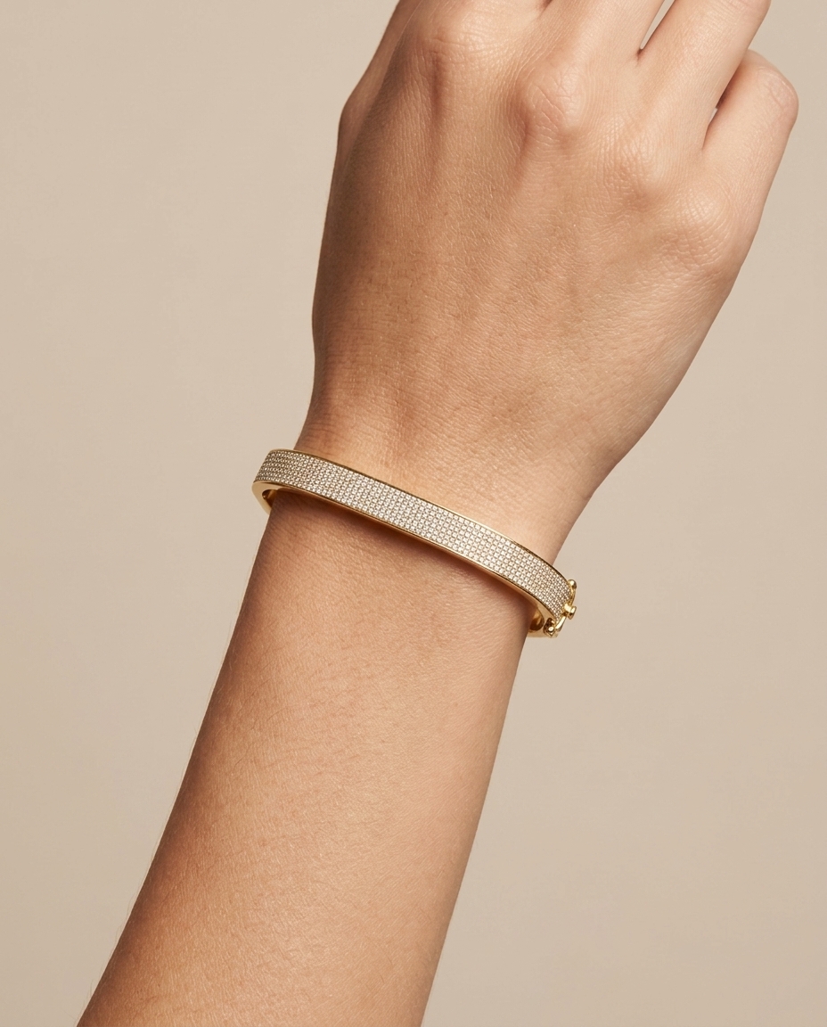 14KT Yellow Gold Square Bangle with Diamonds on model