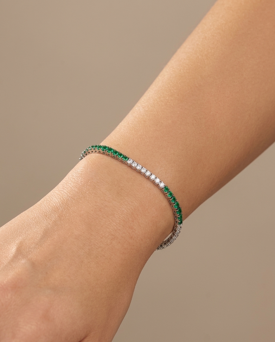 18K White Gold Emerald and Diamond Bracelet on model