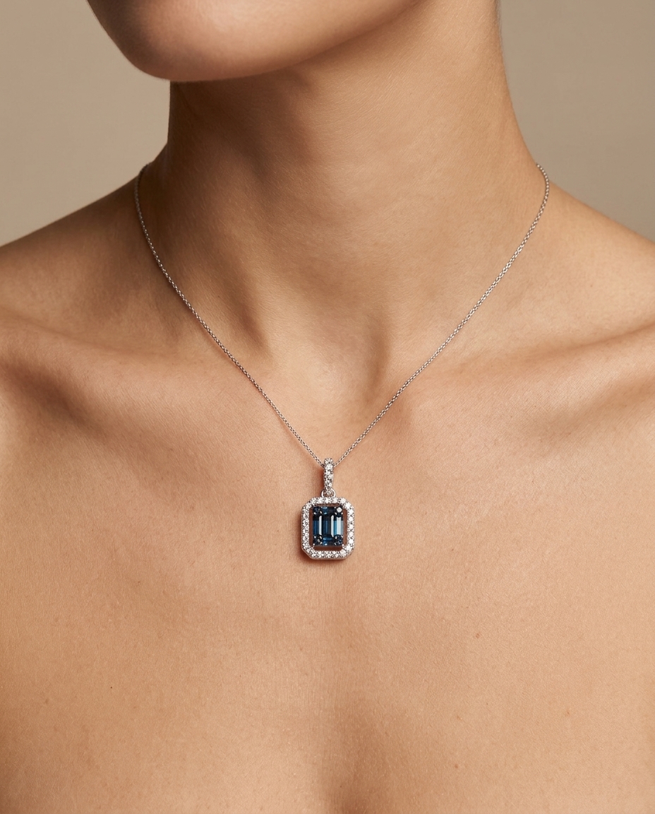 18KT White Gold Blue Sapphire with Diamonds Pendant view 2