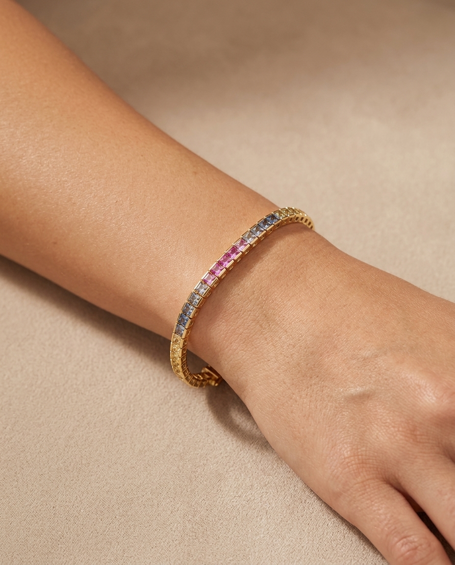 14KT Gold Multi Sapphire Square Tennis Bracelet on model