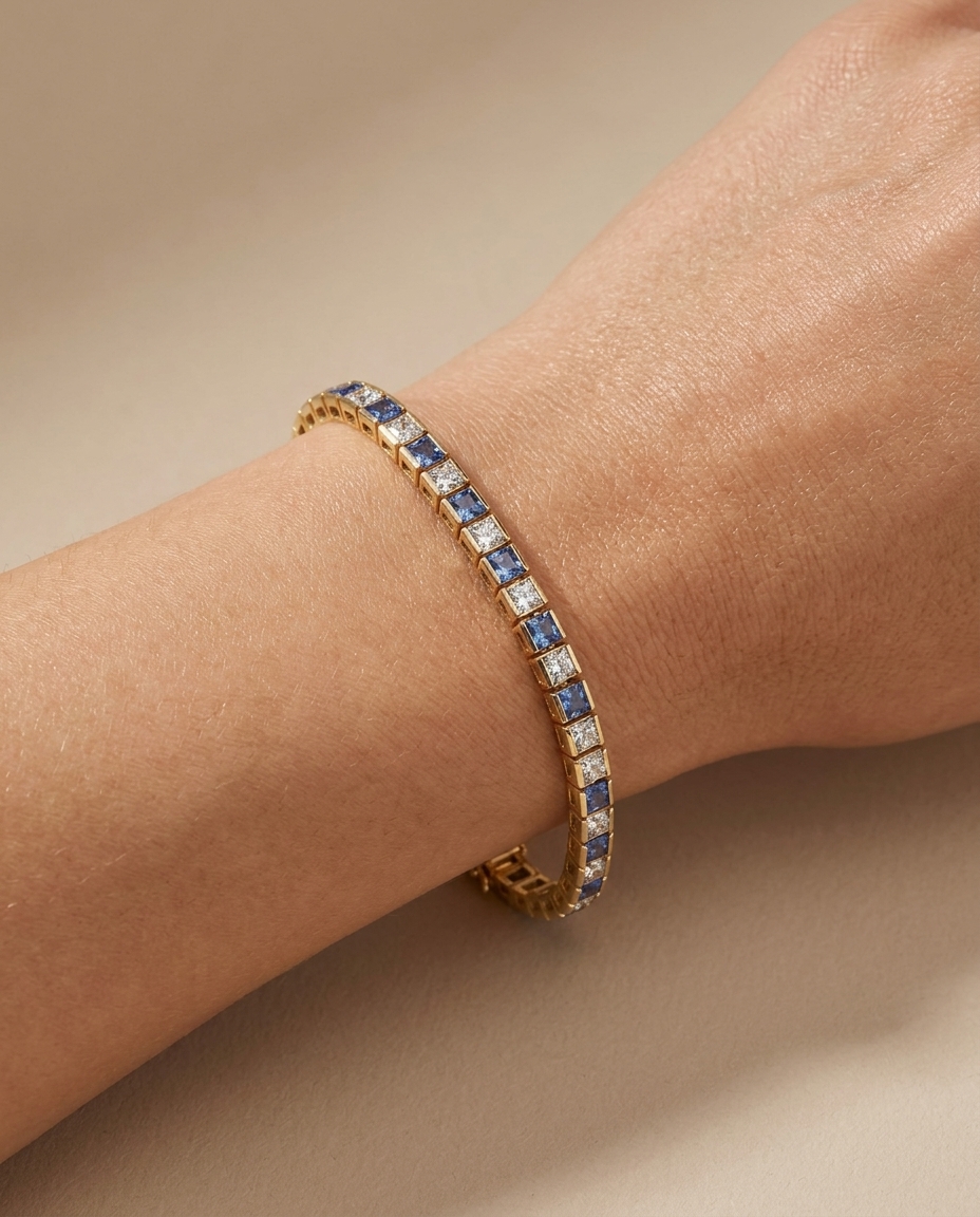 14KT Gold Blue Sapphire Bracelet on model
