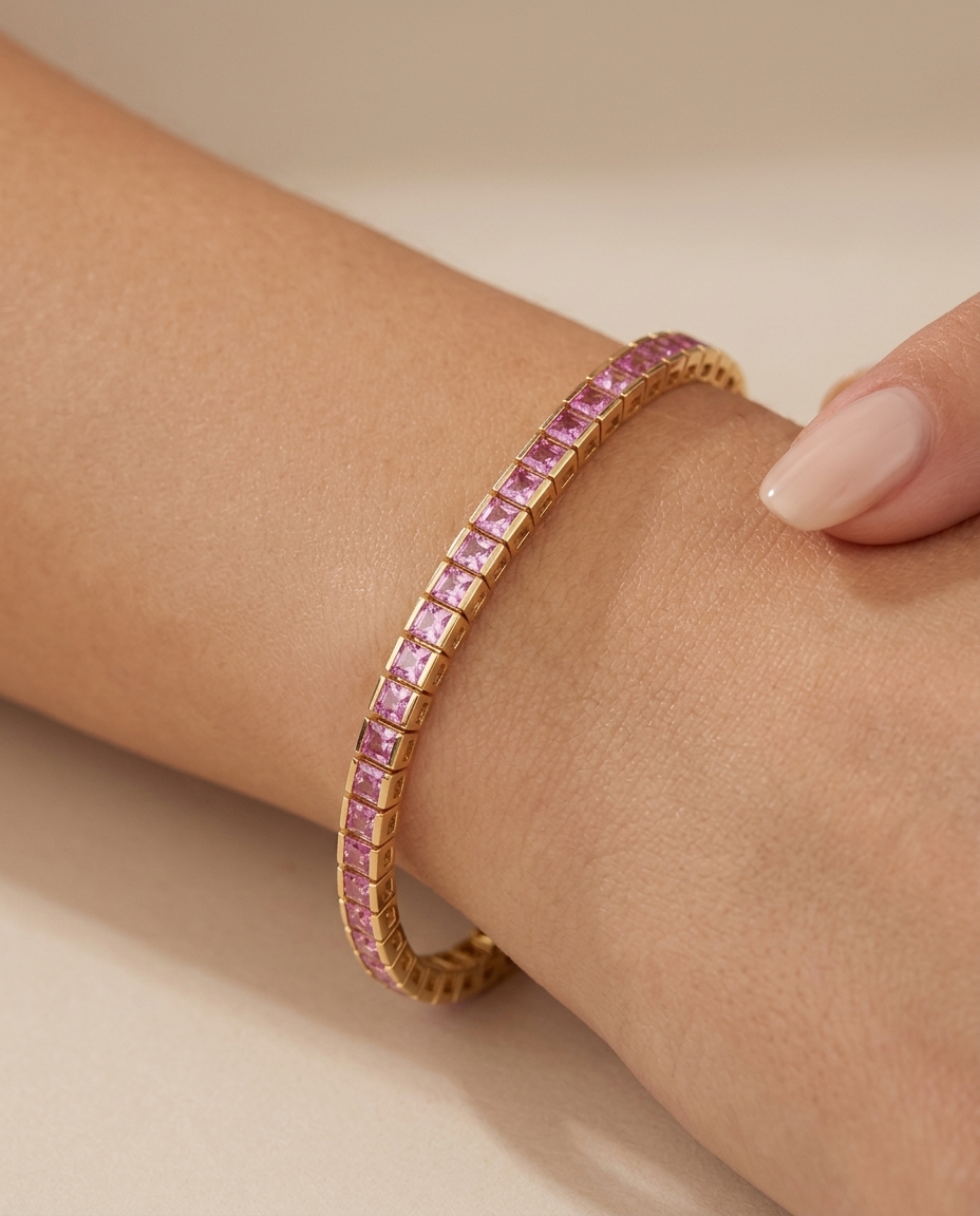 14KT Yellow Gold Pink Sapphire Bracelet on model