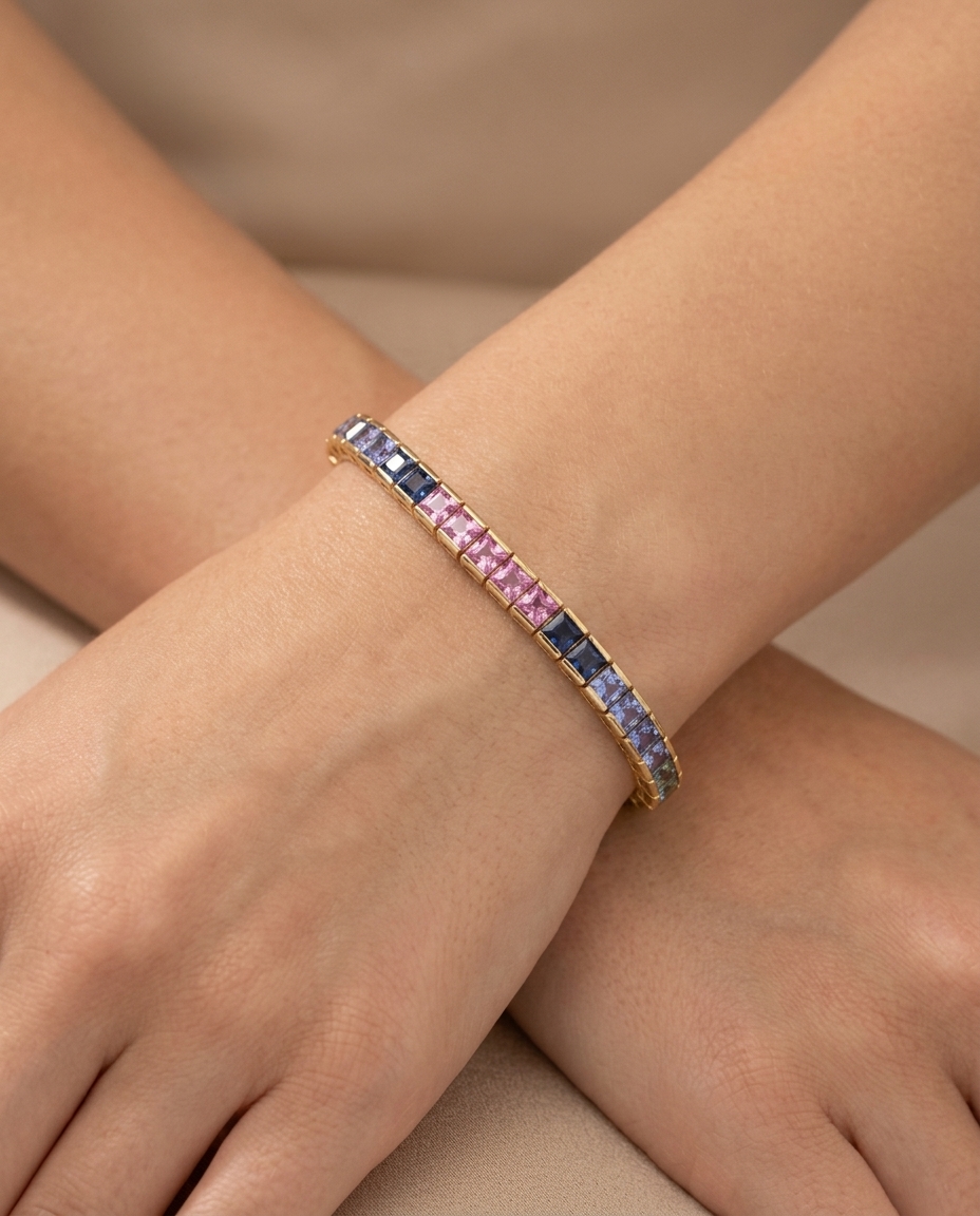 18KT Gold Square Multi Sapphire Tennis Bracelet view 2