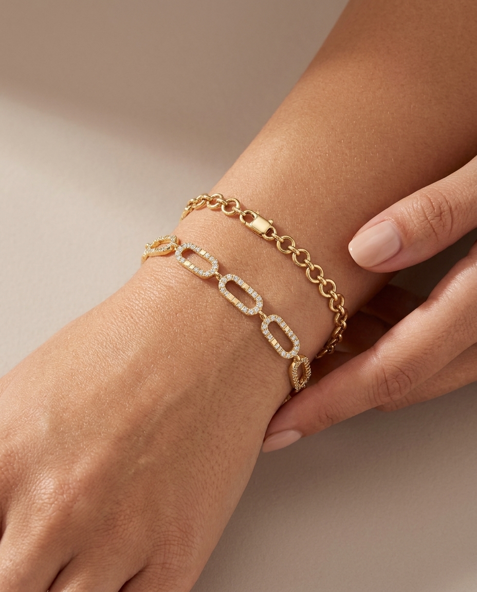 14KT Gold Half Diamond Paperclip Chain Bracelet view 2