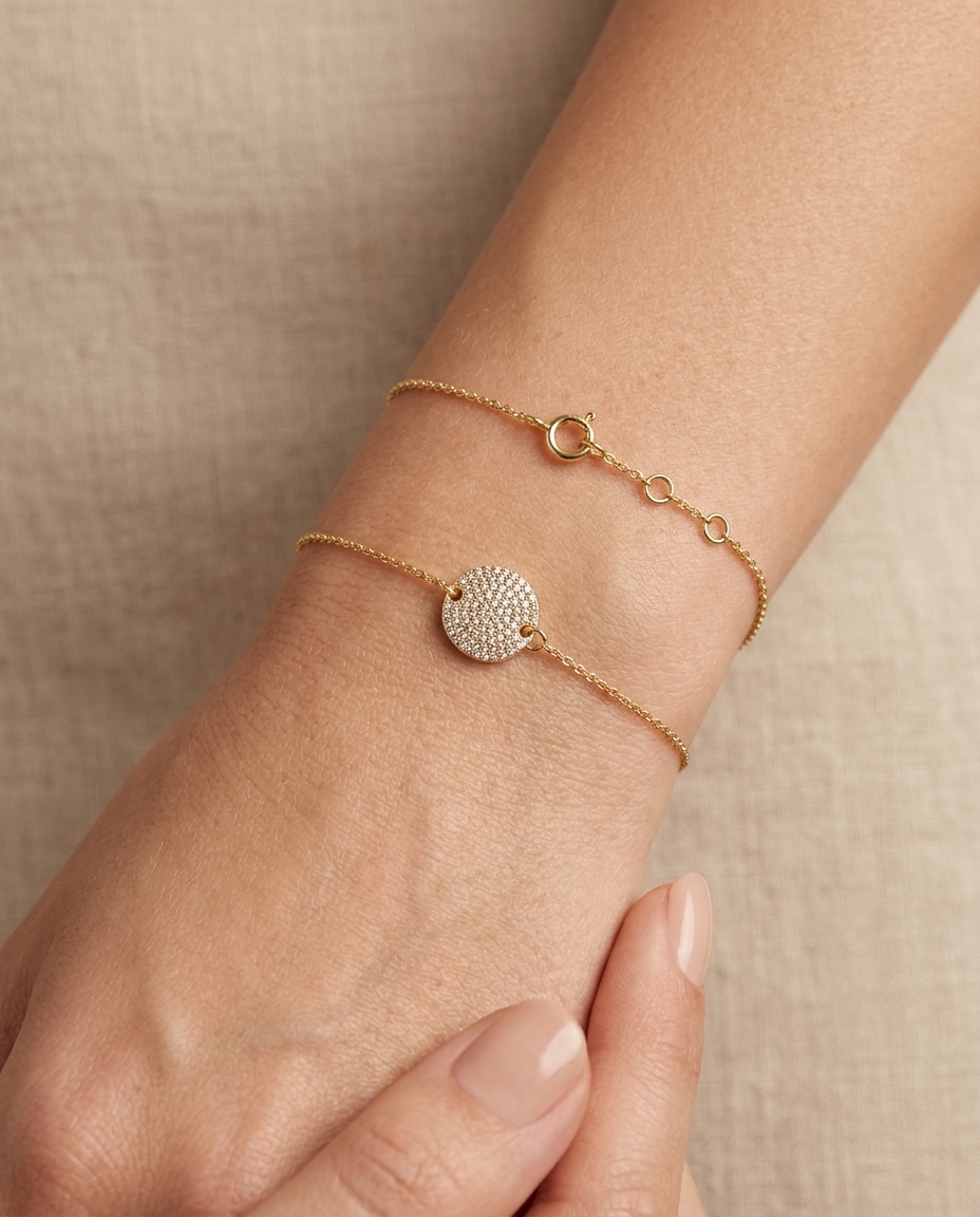18KT Gold Diamond Round Disk Chain Bracelet on model