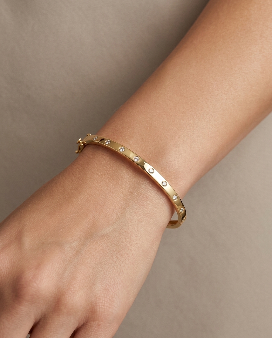 18KT Gold Diamond Bangle on model