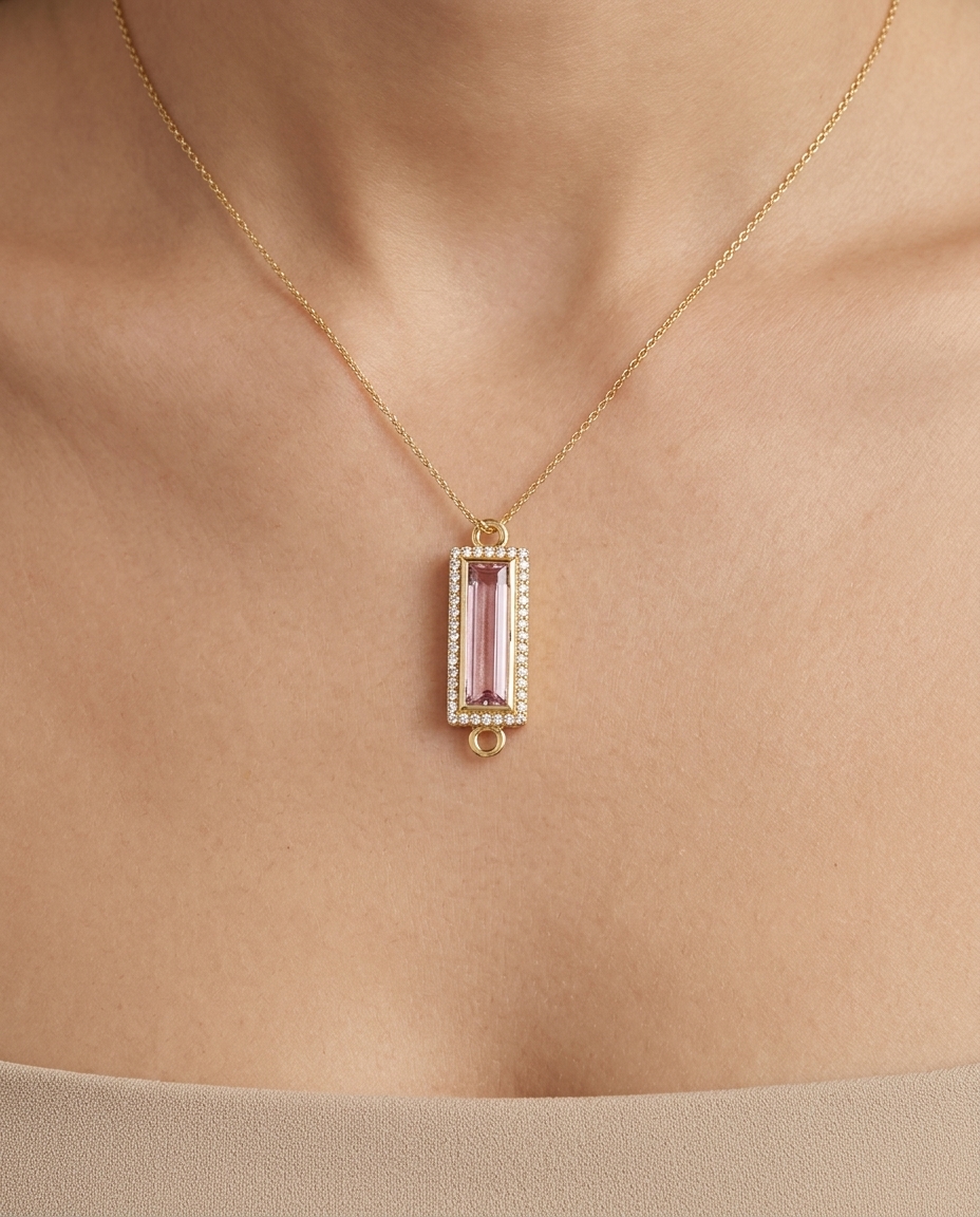 14KT Gold Tourmaline and Diamonds Pendant on model