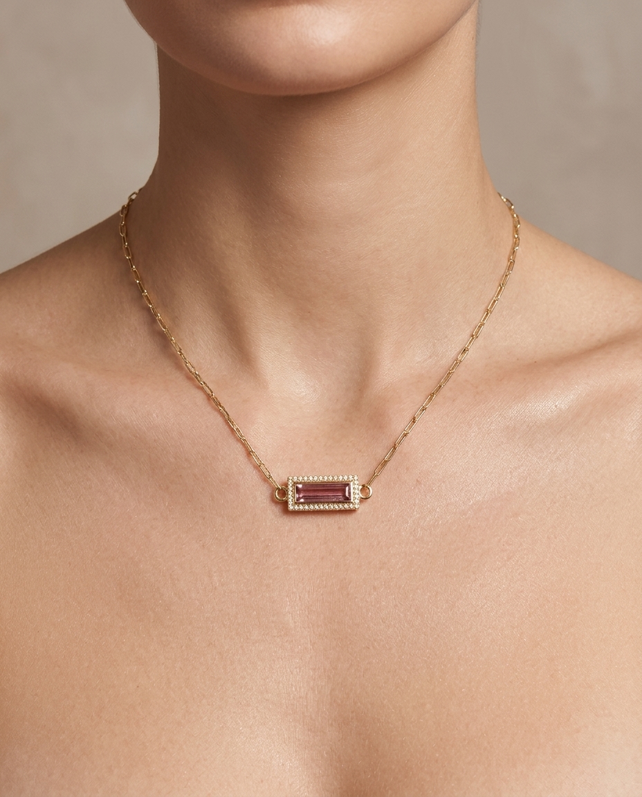 14KT Gold Tourmaline and Diamonds Pendant on model