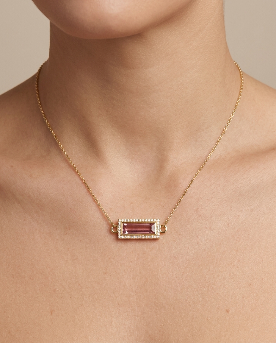 14KT Gold Tourmaline and Diamonds Pendant on model