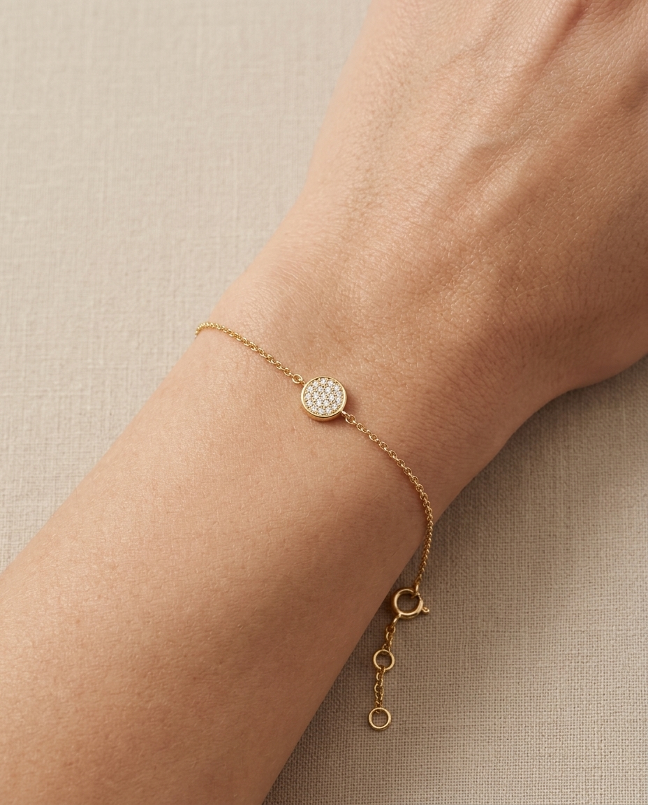18KT Gold Diamond Round Disk Chain Bracelet view 2