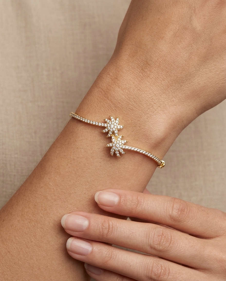 18KT Gold Diamond Palm Tree Bangle on model