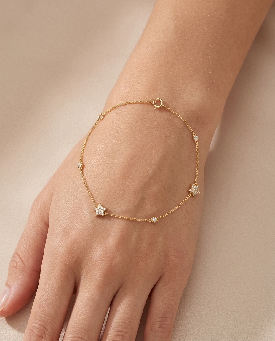 18KT Gold Diamond Star Chain Bracelet on model