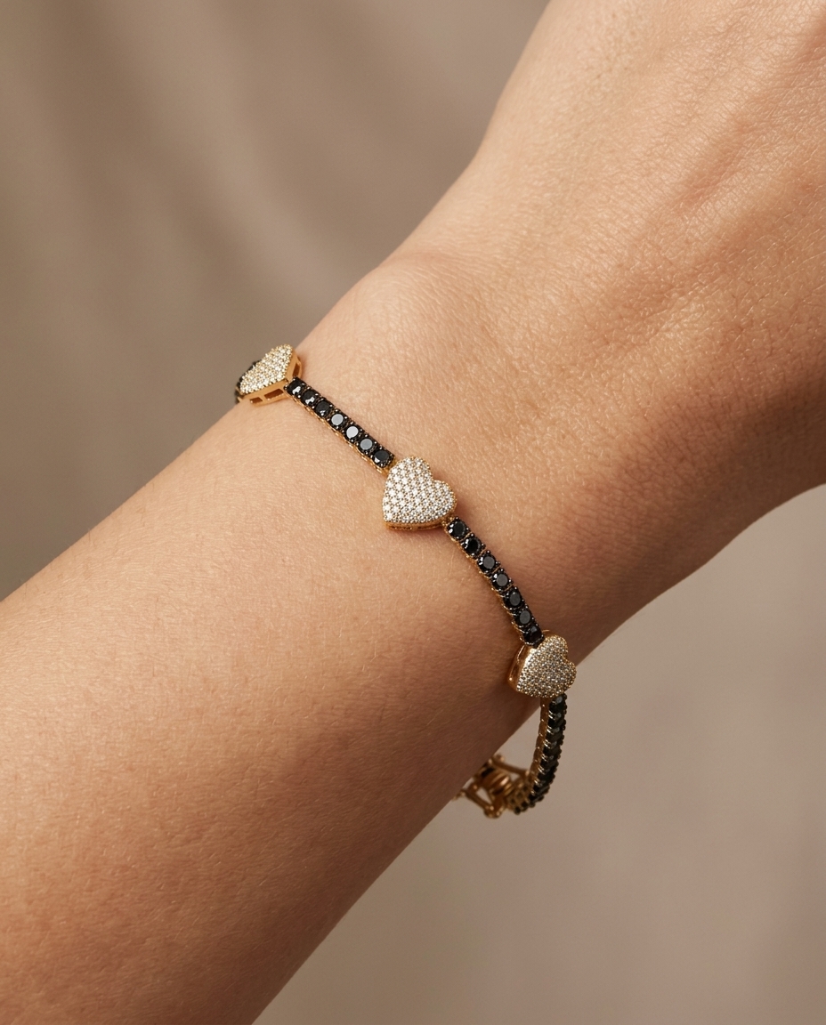 14KT Gold Black Diamonds and Diamonds Heart Tennis Bracelet on model