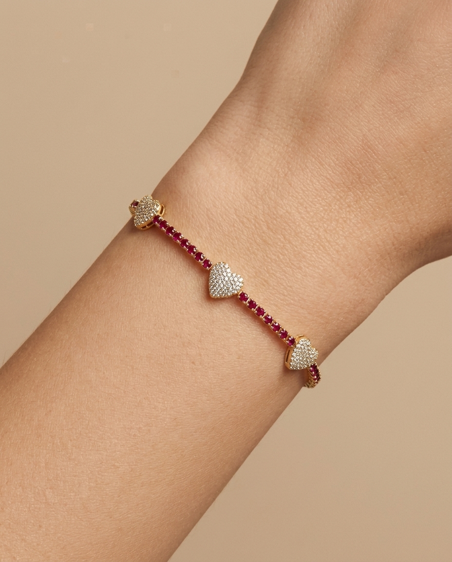 14KT Gold Ruby and Diamonds Heart Tennis Bracelet on model