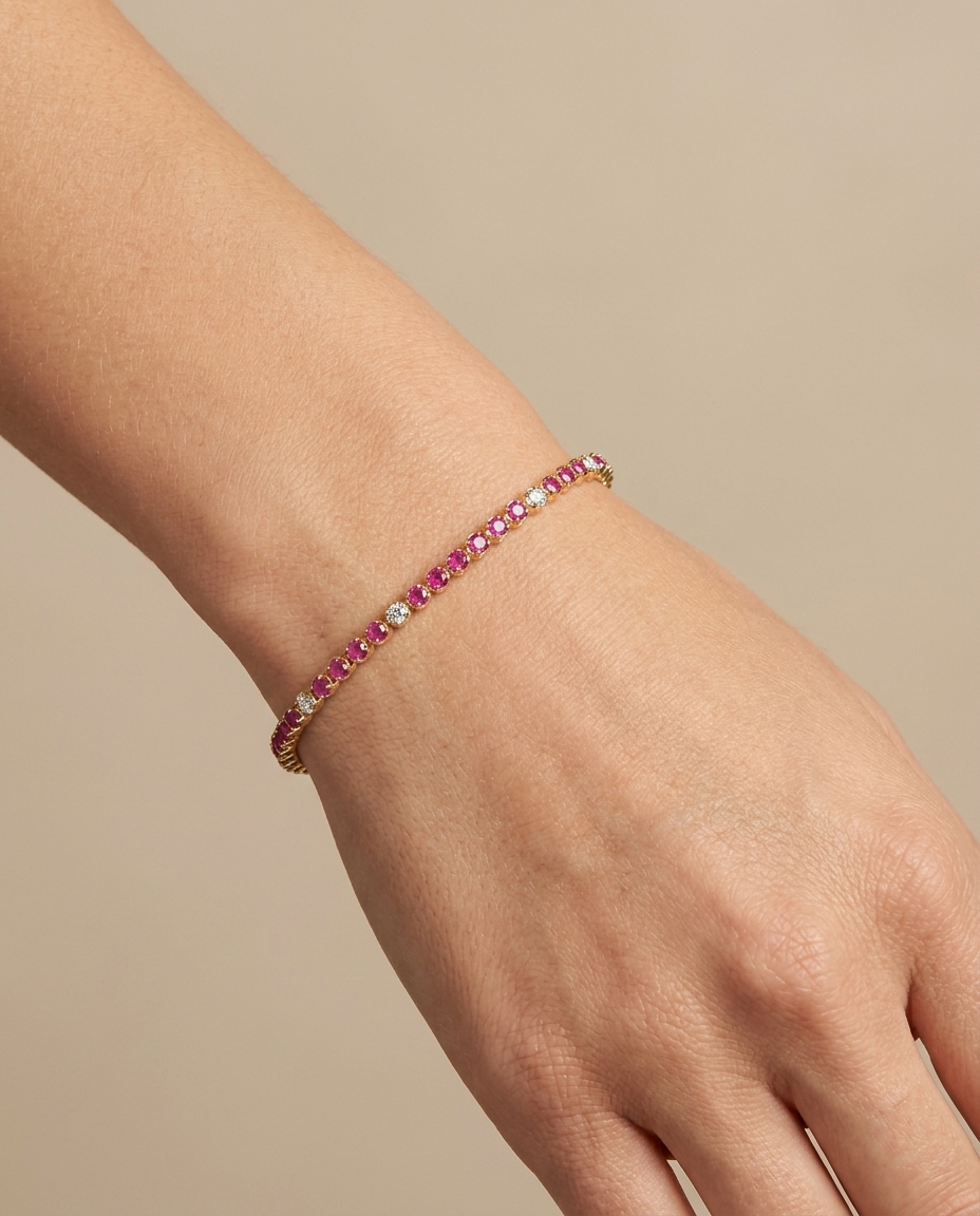 14KT Gold Diamond and Ruby Bracelet on model