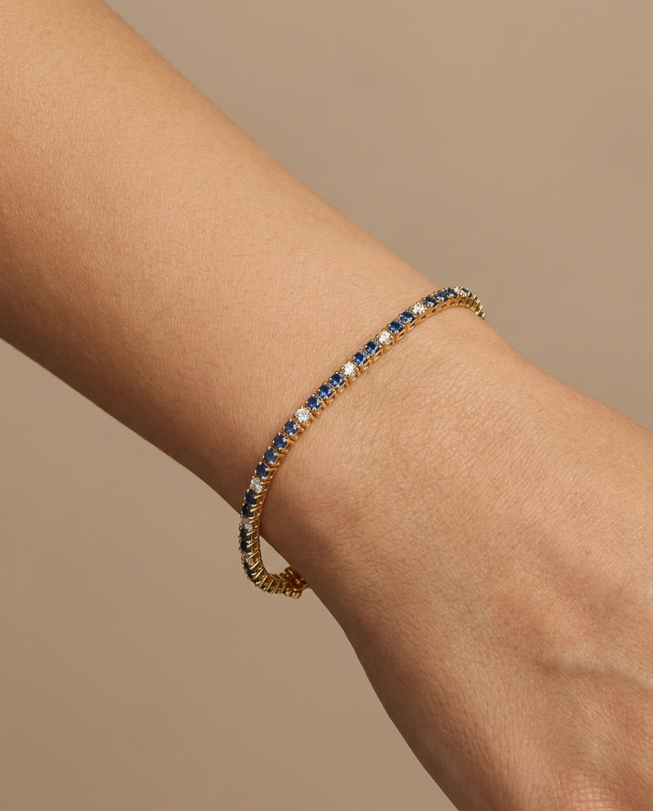 14KT Yellow Gold Blue Sapphire and Diamond Tennis Bracelet view 2
